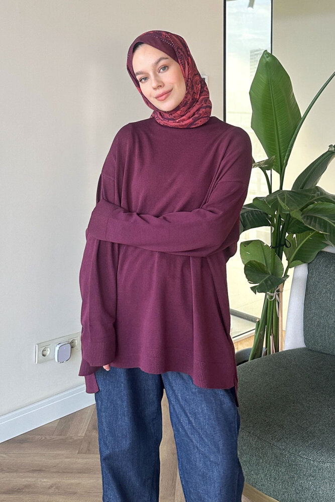 Yan Yırtmaç Detaylı Triko - Bordo - 1