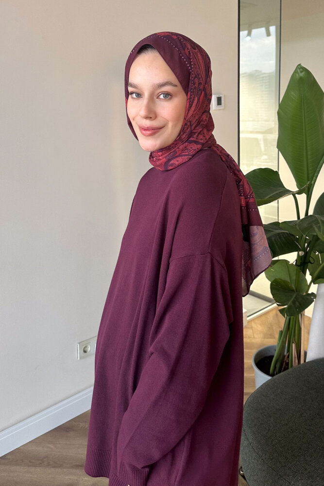 Yan Yırtmaç Detaylı Triko - Bordo - İKOL (4)