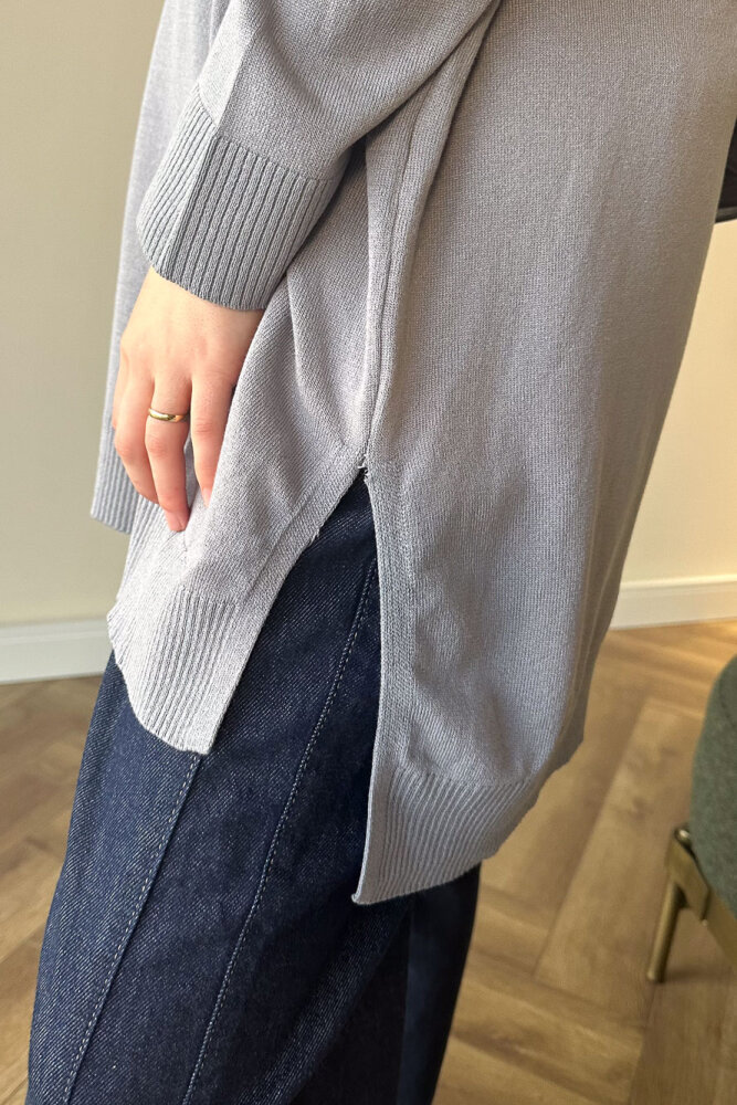 Yan Yırtmaç Detaylı Triko - Gri - 3