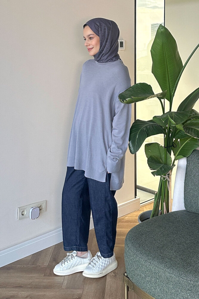 Yan Yırtmaç Detaylı Triko - Gri - İKOL (3)