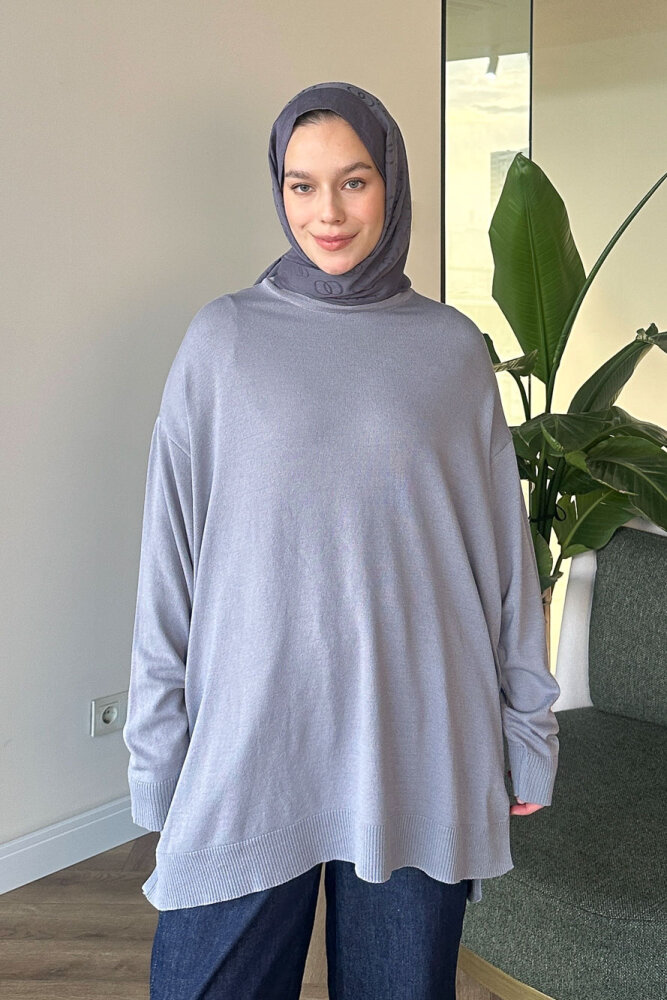 Yan Yırtmaç Detaylı Triko - Gri - 7