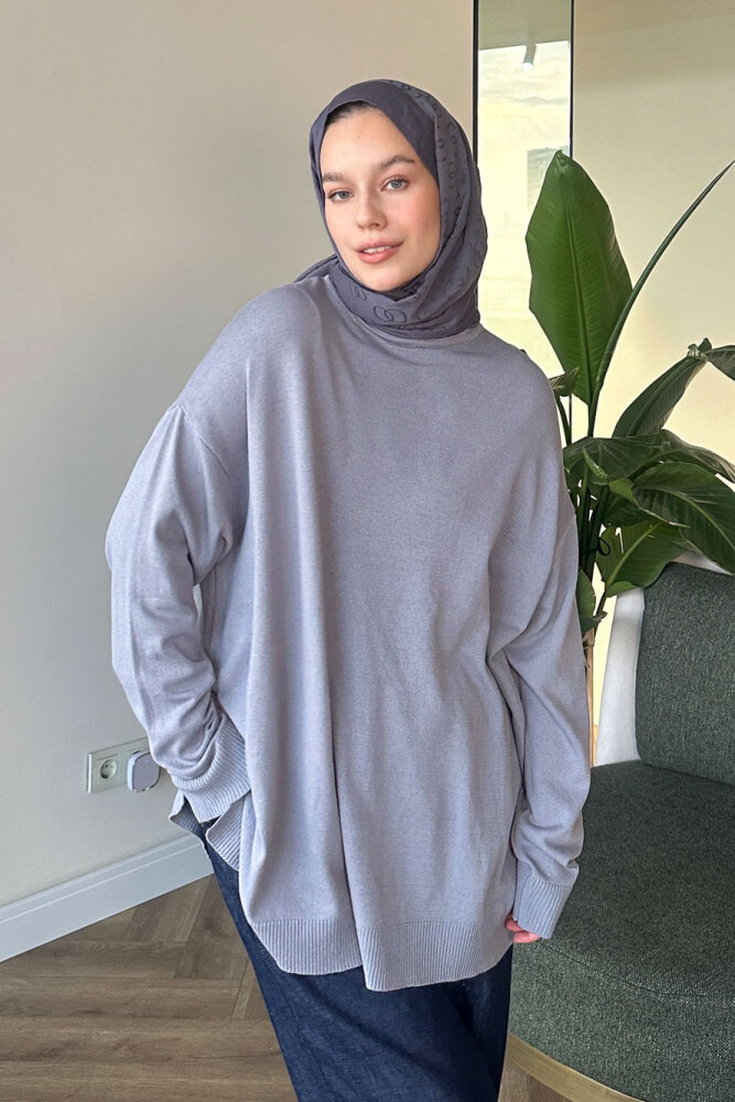 Yan Yırtmaç Detaylı Triko - Gri - 5