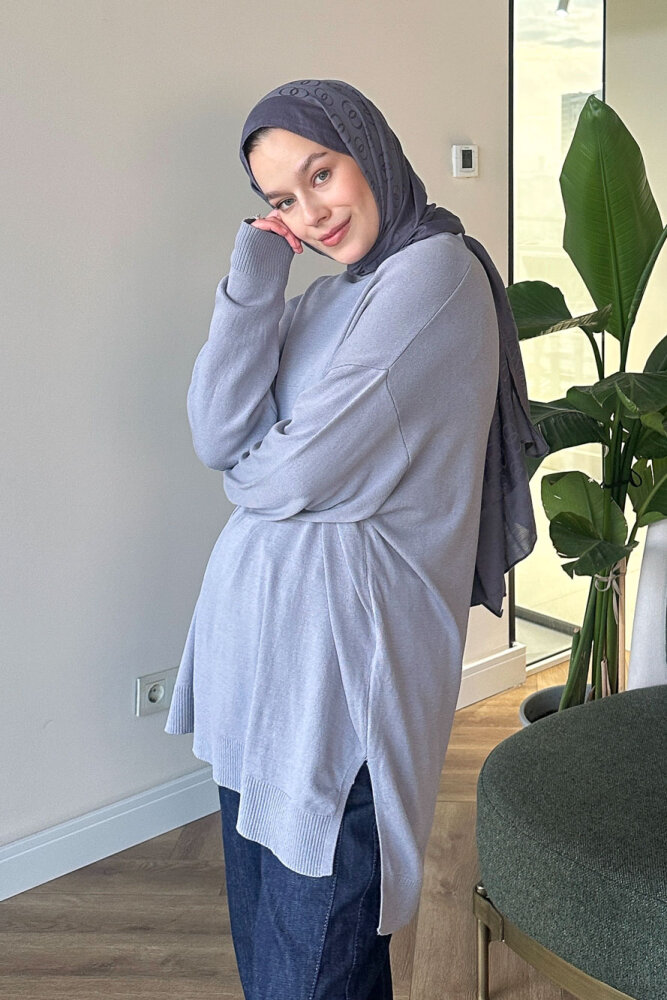 Yan Yırtmaç Detaylı Triko - Gri - 8