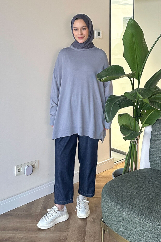 Yan Yırtmaç Detaylı Triko - Gri 