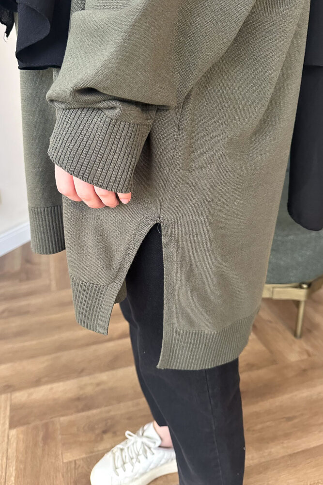 Yan Yırtmaç Detaylı Triko - Haki - İKOL (1)