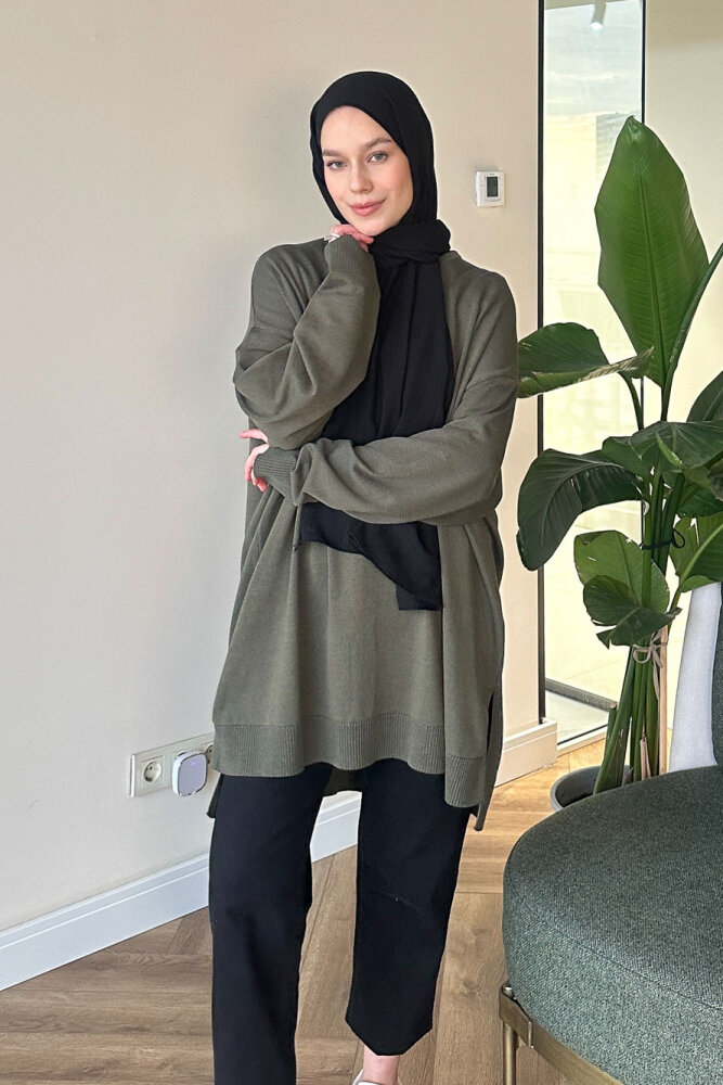 Yan Yırtmaç Detaylı Triko - Haki - 1