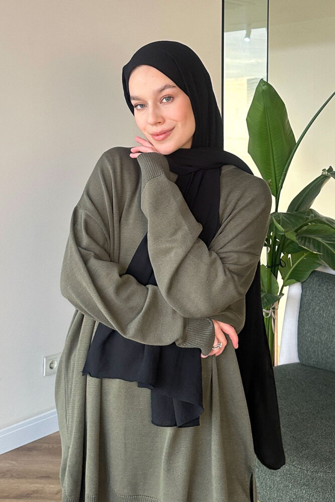 Yan Yırtmaç Detaylı Triko - Haki - 3