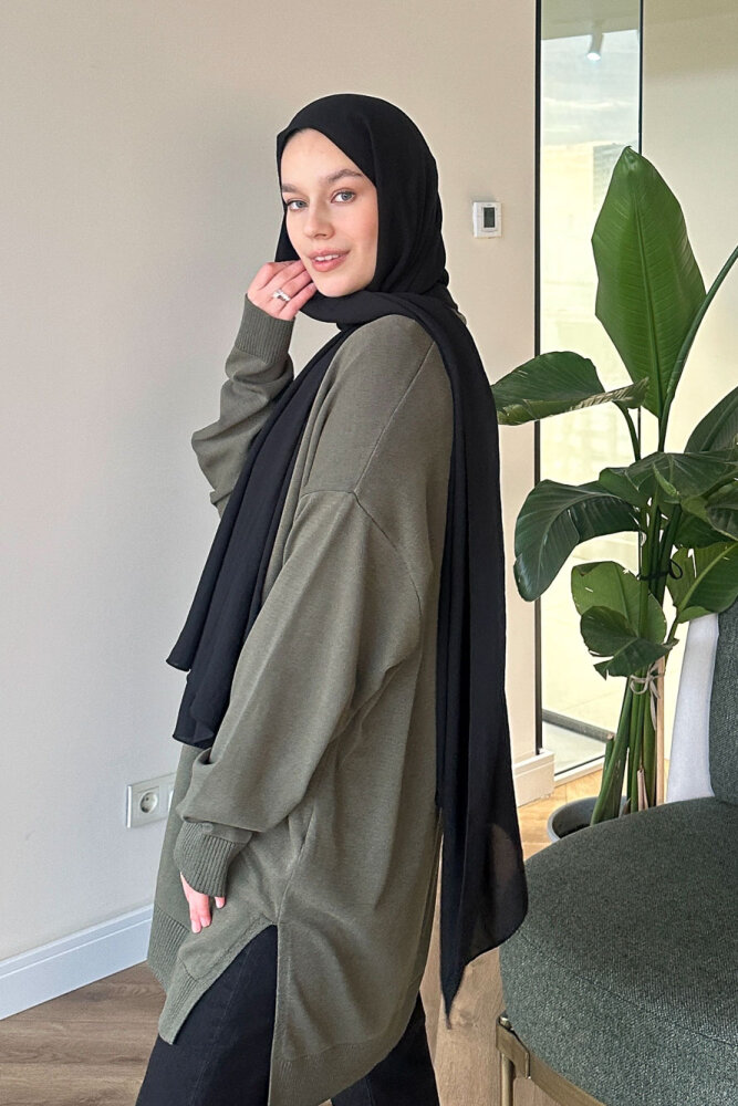 Yan Yırtmaç Detaylı Triko - Haki - İKOL (3)