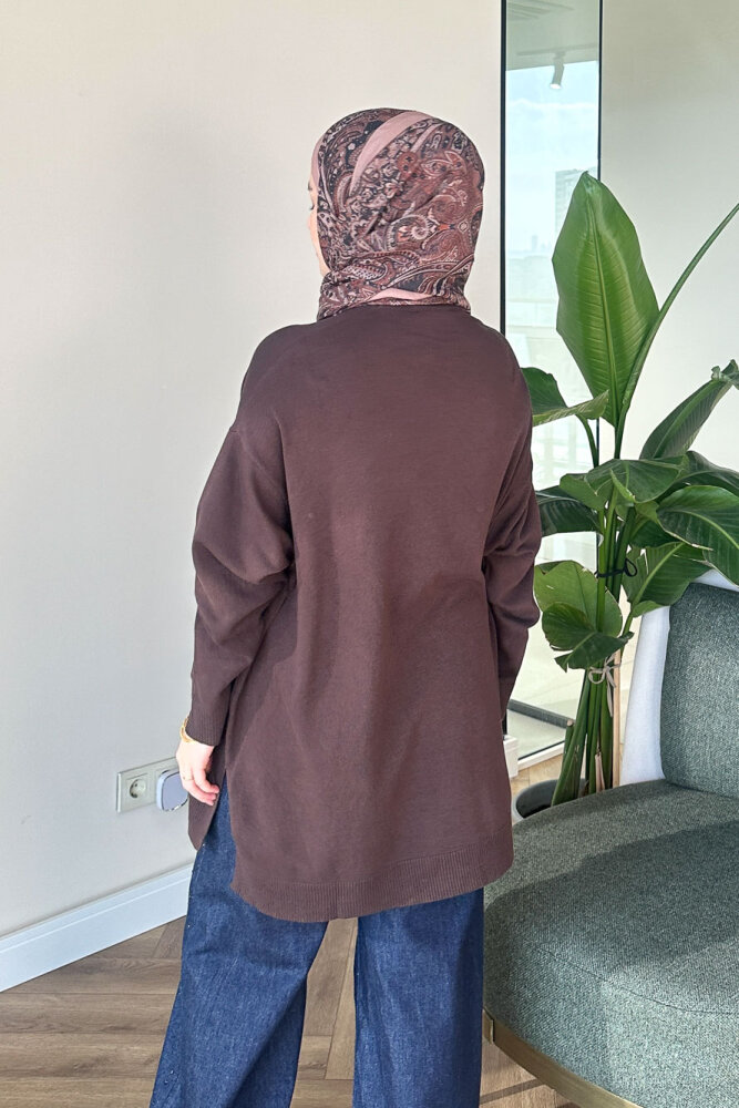 Yan Yırtmaç Detaylı Triko - Kahverengi - 5