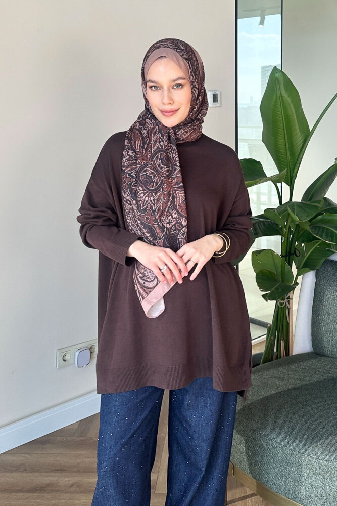 Yan Yırtmaç Detaylı Triko - Kahverengi - 4