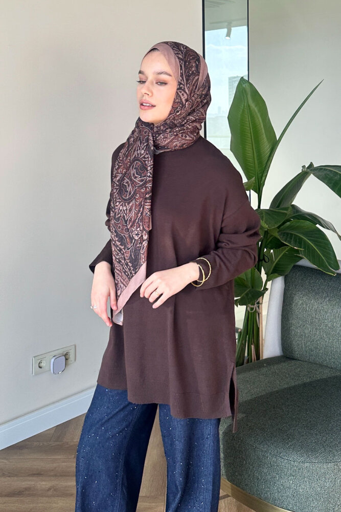 Yan Yırtmaç Detaylı Triko - Kahverengi - 2