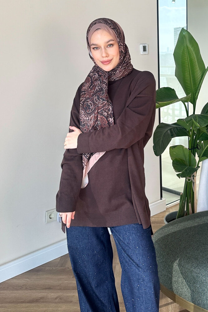 Yan Yırtmaç Detaylı Triko - Kahverengi - 6