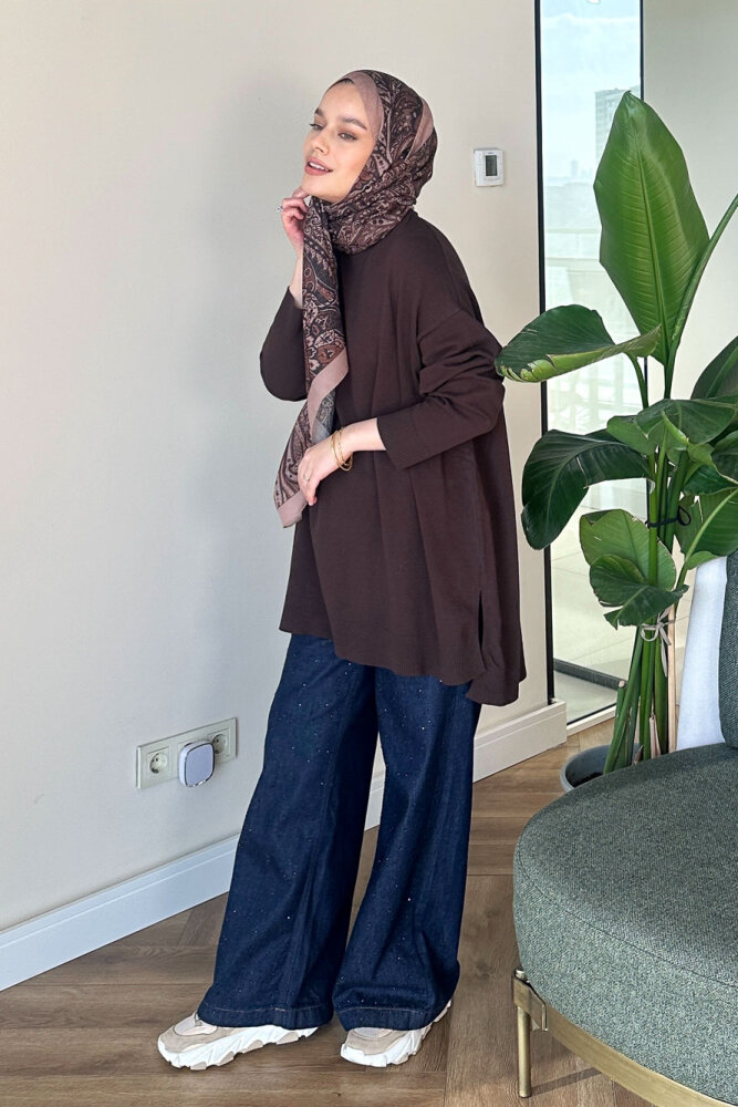 Yan Yırtmaç Detaylı Triko - Kahverengi - 1