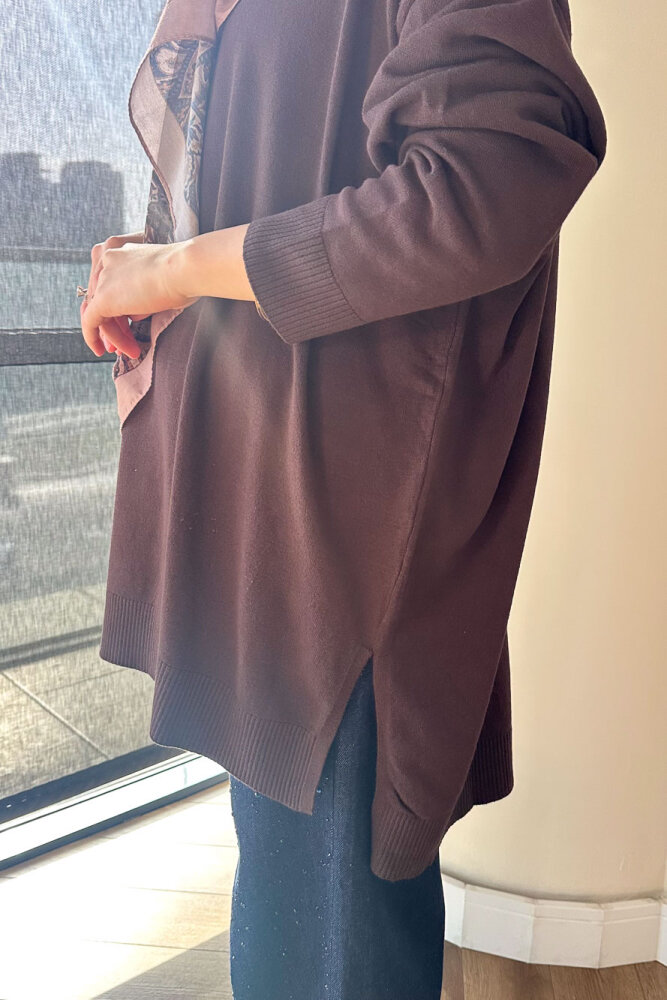 Yan Yırtmaç Detaylı Triko - Kahverengi - 3