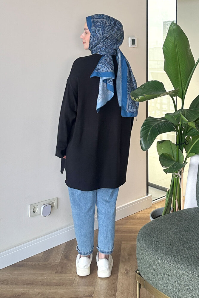 Yan Yırtmaç Detaylı Triko - Siyah - 8