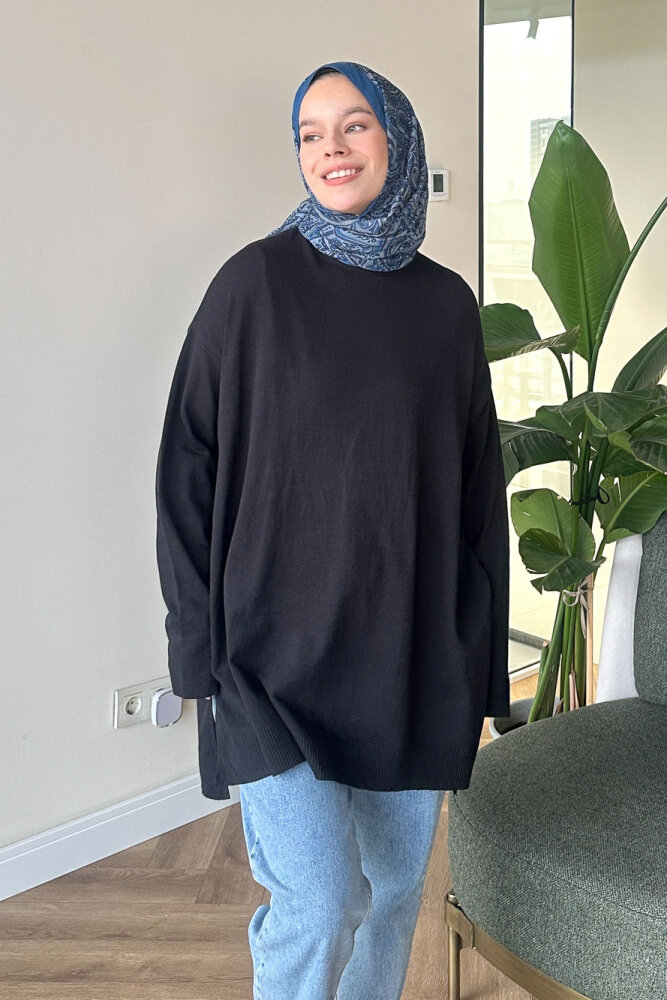 Yan Yırtmaç Detaylı Triko - Siyah - İKOL (1)