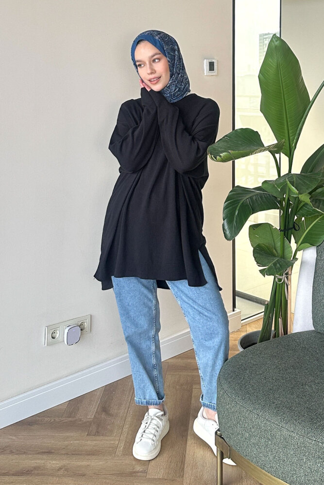 Yan Yırtmaç Detaylı Triko - Siyah - İKOL (5)