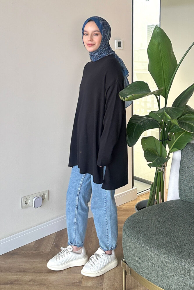 Yan Yırtmaç Detaylı Triko - Siyah - İKOL (0)