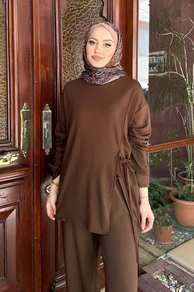Yandan Bağlamalı Bluz Takım - Kahverengi - 2