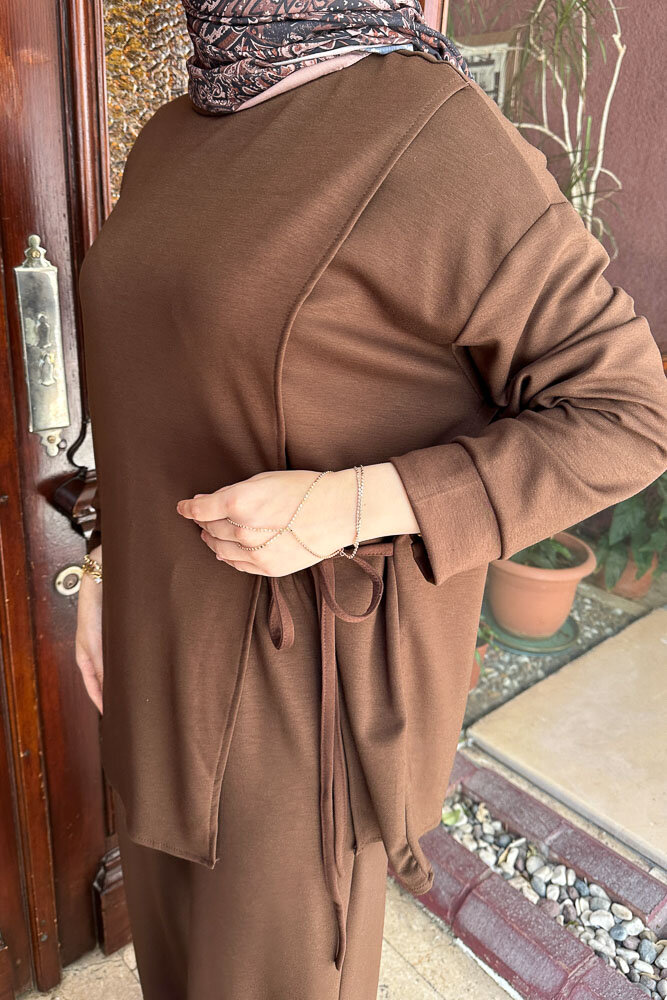 Yandan Bağlamalı Bluz Takım - Kahverengi - 6