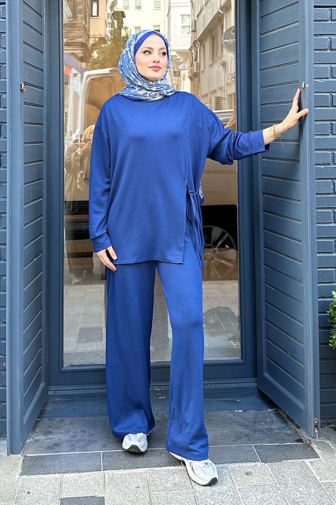 Yandan Bağlamalı Bluz Takım - Saks Mavisi - 5