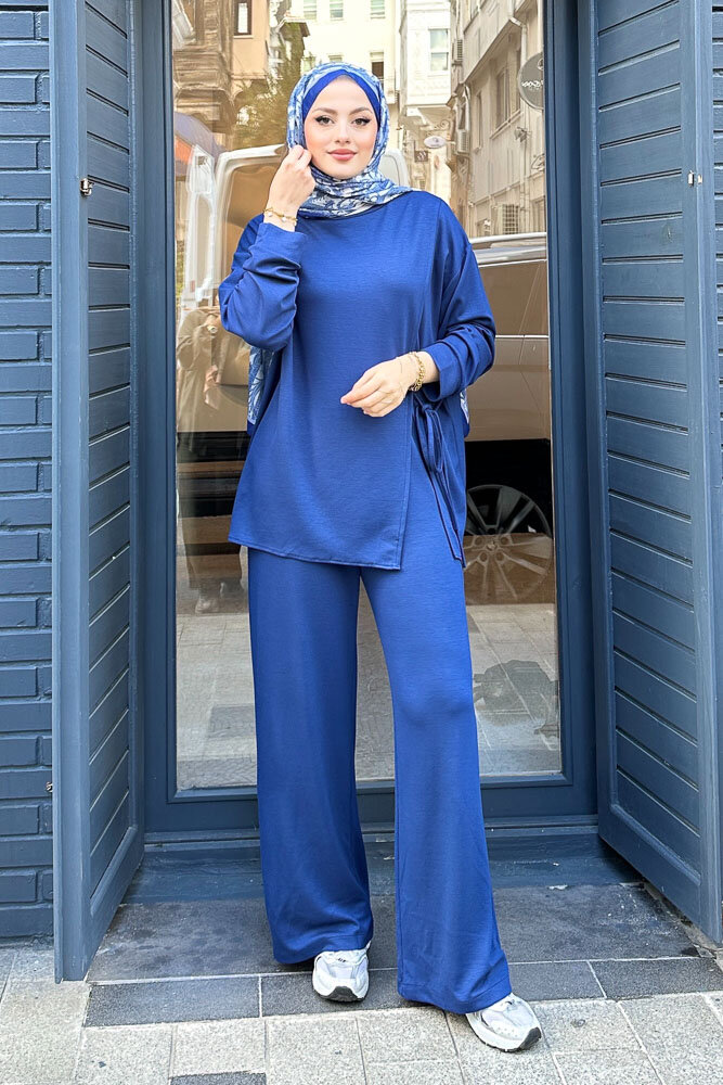 Yandan Bağlamalı Bluz Takım - Saks Mavisi - 2