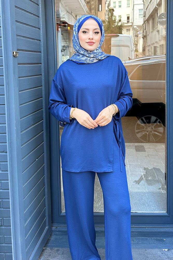 Yandan Bağlamalı Bluz Takım - Saks Mavisi - 6