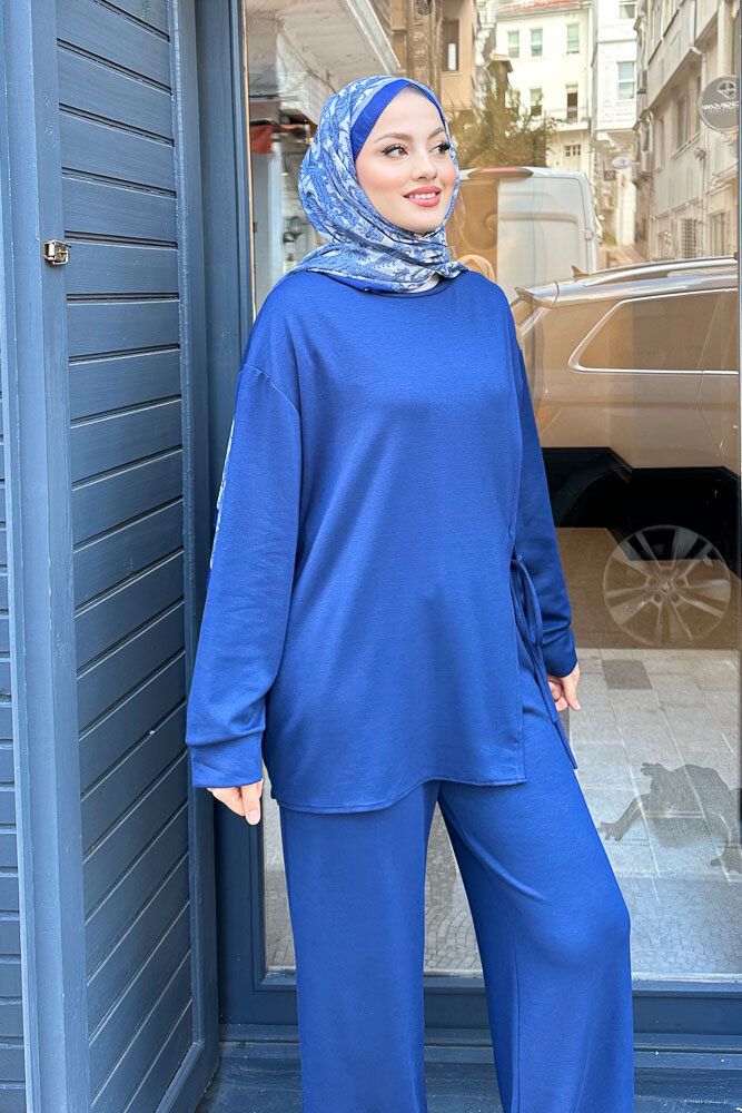 Yandan Bağlamalı Bluz Takım - Saks Mavisi - 3