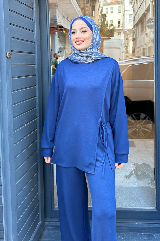Yandan Bağlamalı Bluz Takım - Saks Mavisi - 8