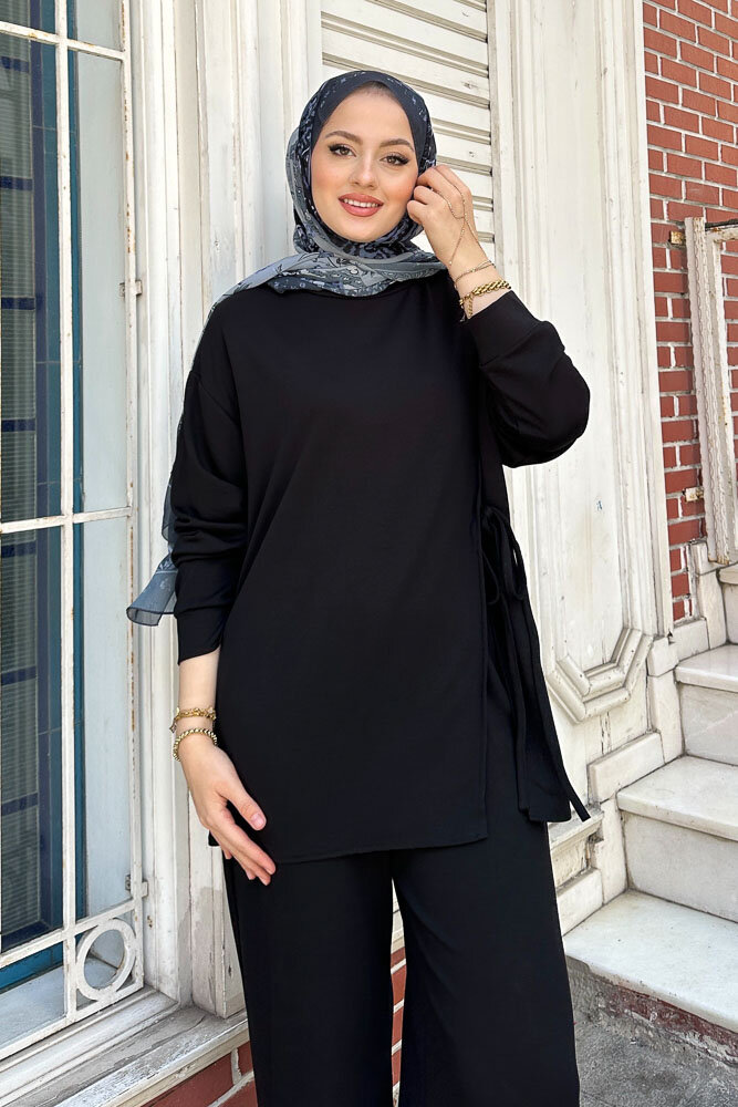 Yandan Bağlamalı Bluz Takım - Siyah - 5