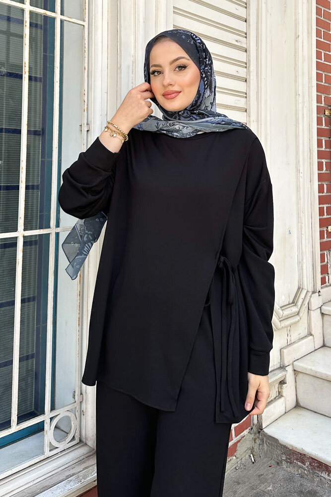 Yandan Bağlamalı Bluz Takım - Siyah - 6