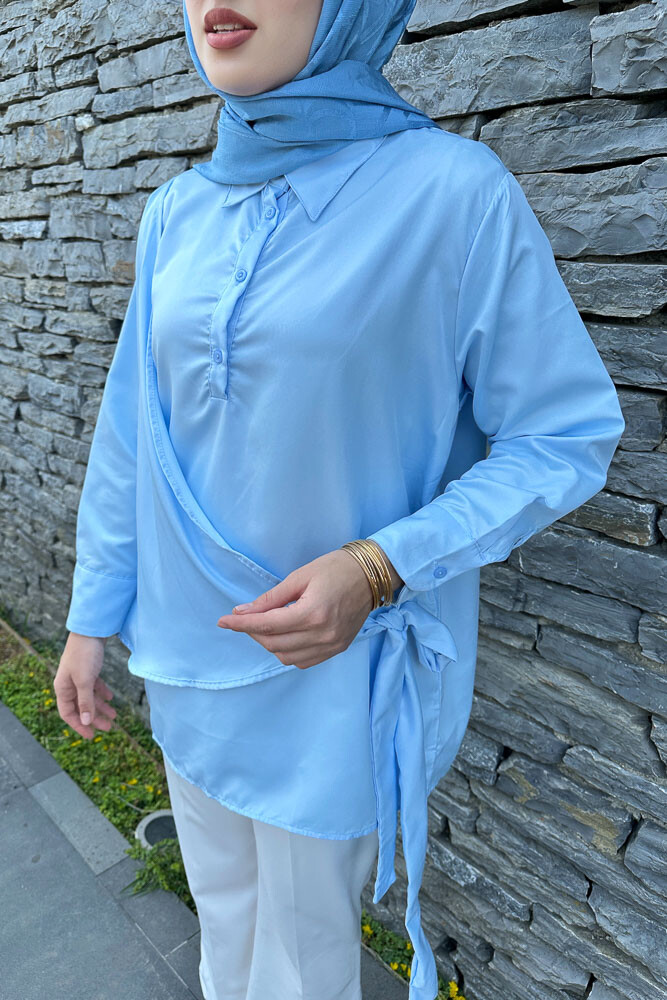 Yandan Bağlamalı Gömlek - Açık Mavi - 5