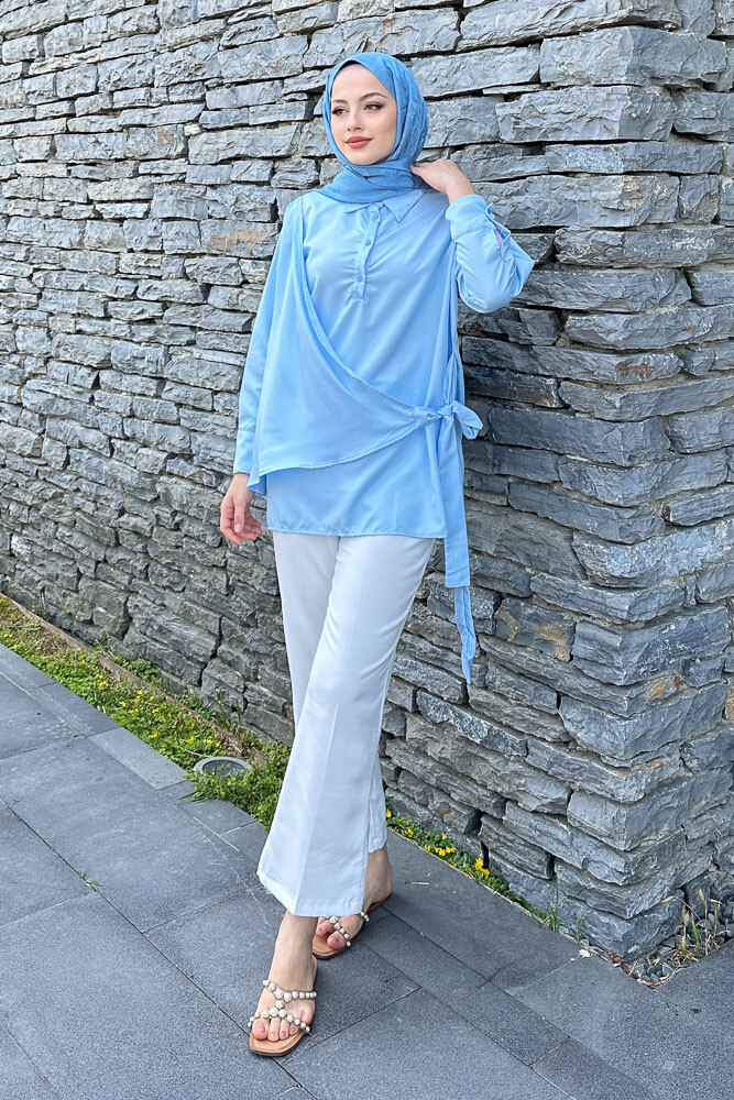Yandan Bağlamalı Gömlek - Açık Mavi - 2