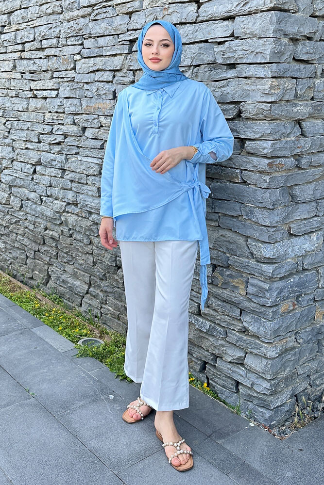 Yandan Bağlamalı Gömlek - Açık Mavi - 6