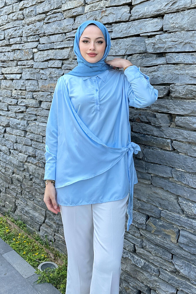 Yandan Bağlamalı Gömlek - Açık Mavi - 4