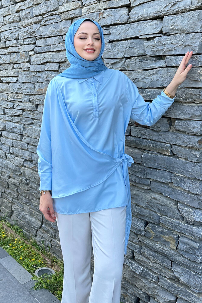 Yandan Bağlamalı Gömlek - Açık Mavi - 7