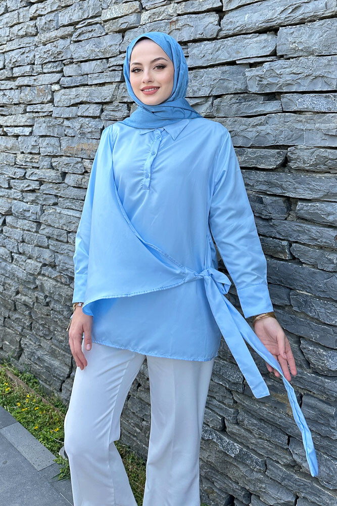Yandan Bağlamalı Gömlek - Açık Mavi - 1