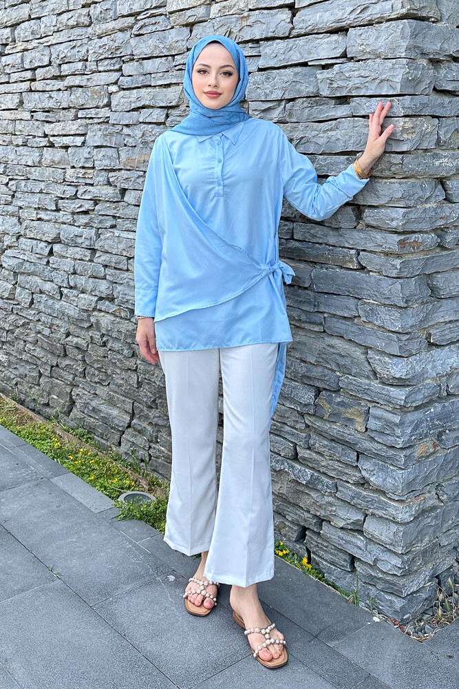 Yandan Bağlamalı Gömlek - Açık Mavi - 3