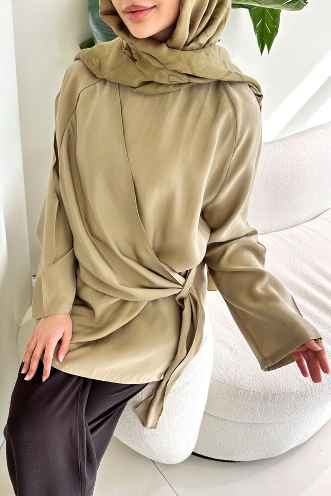 Yandan Bağlamalı Şallı Bluz - Haki - 4