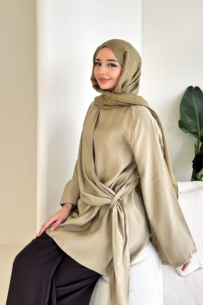 Yandan Bağlamalı Şallı Bluz - Haki - 1