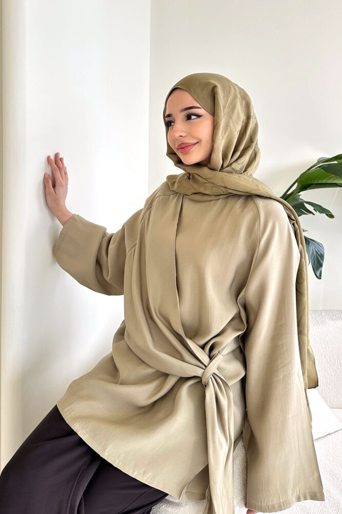 Yandan Bağlamalı Şallı Bluz - Haki - 7