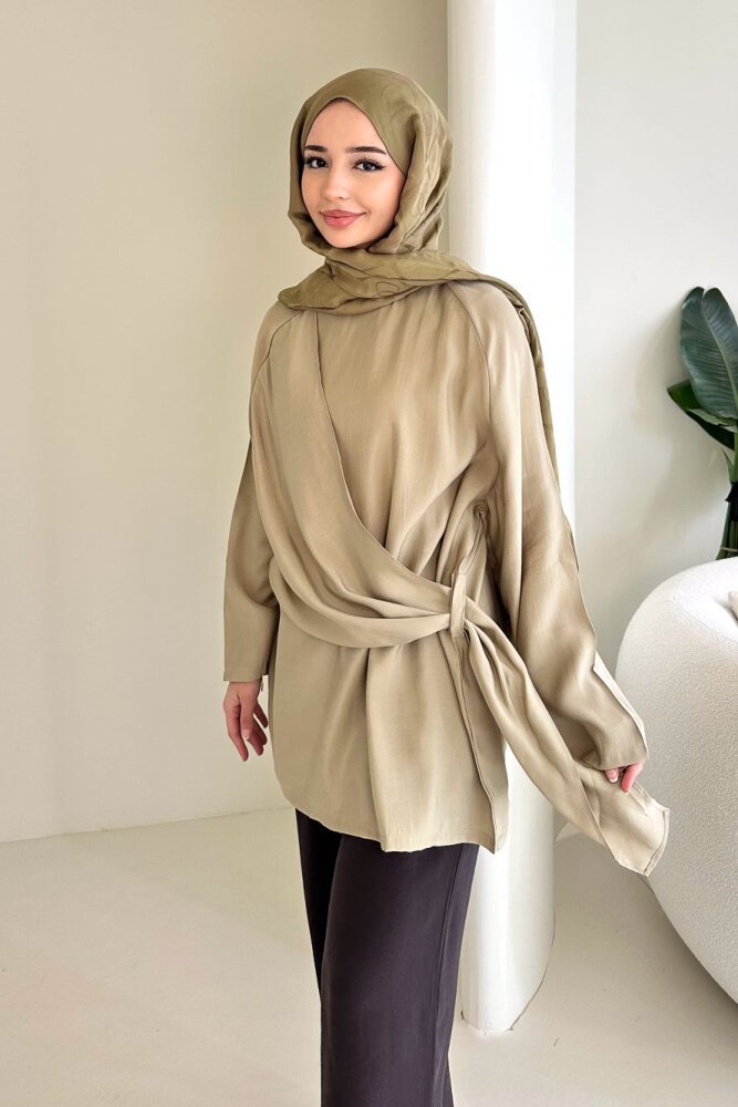 Yandan Bağlamalı Şallı Bluz - Haki - 5