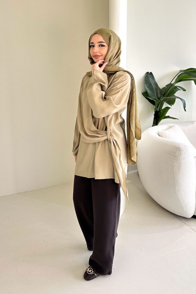 Yandan Bağlamalı Şallı Bluz - Haki - 6