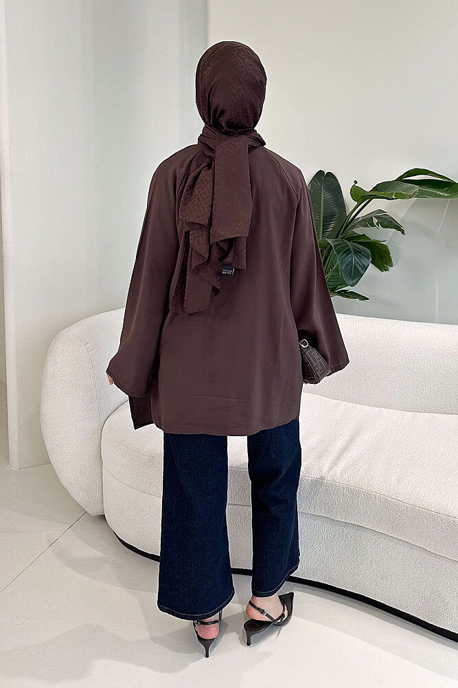 Yandan Bağlamalı Şallı Bluz - Kahverengi - 8