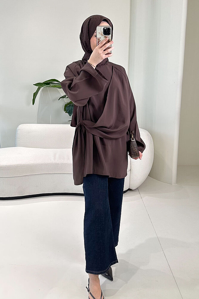 Yandan Bağlamalı Şallı Bluz - Kahverengi - 6