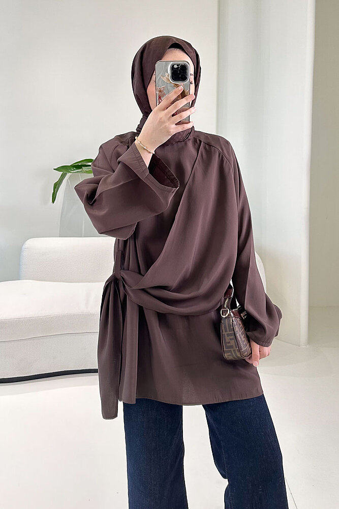 Yandan Bağlamalı Şallı Bluz - Kahverengi - ENMA (0)