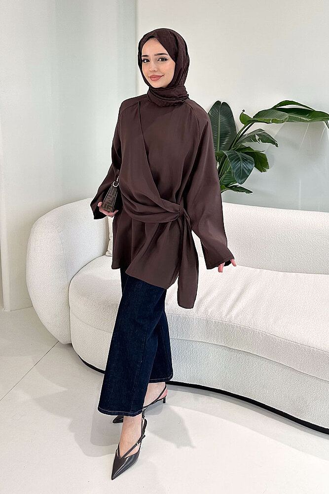 Yandan Bağlamalı Şallı Bluz - Kahverengi - 3