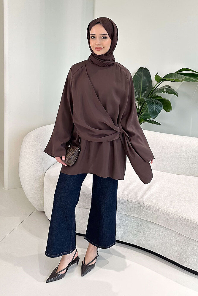 Yandan Bağlamalı Şallı Bluz - Kahverengi - ENMA (4)