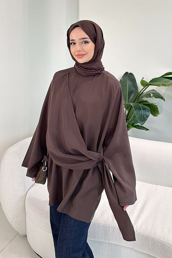 Yandan Bağlamalı Şallı Bluz - Kahverengi - 7