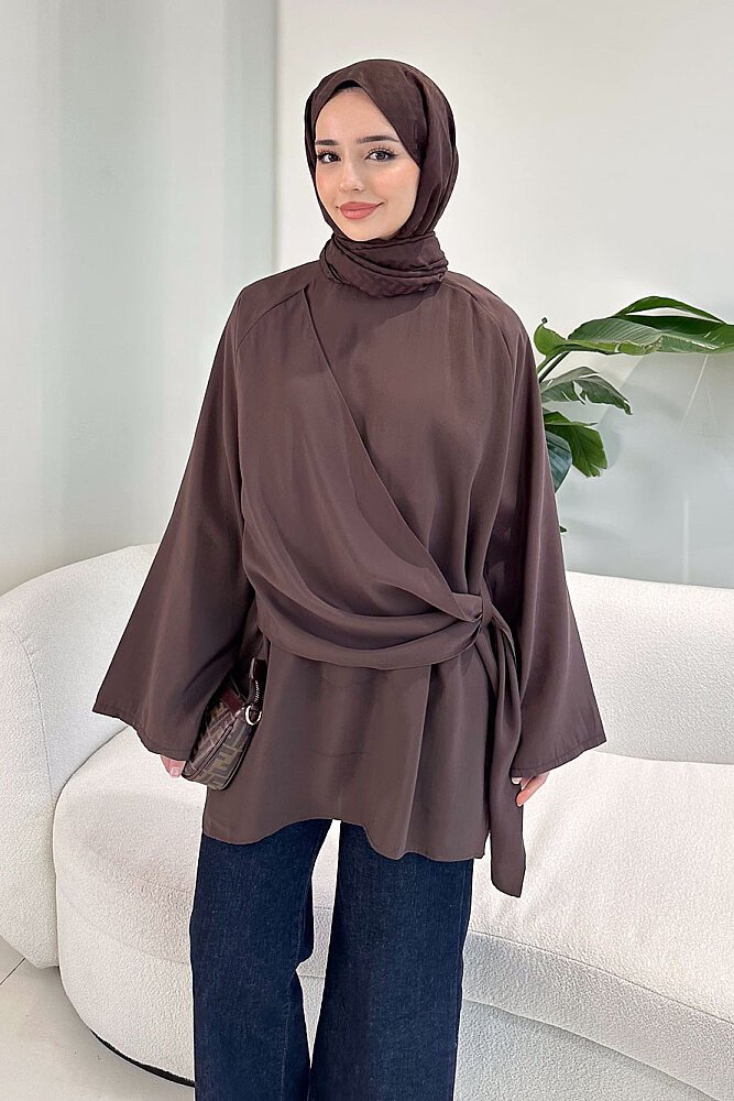Yandan Bağlamalı Şallı Bluz - Kahverengi - ENMA (3)